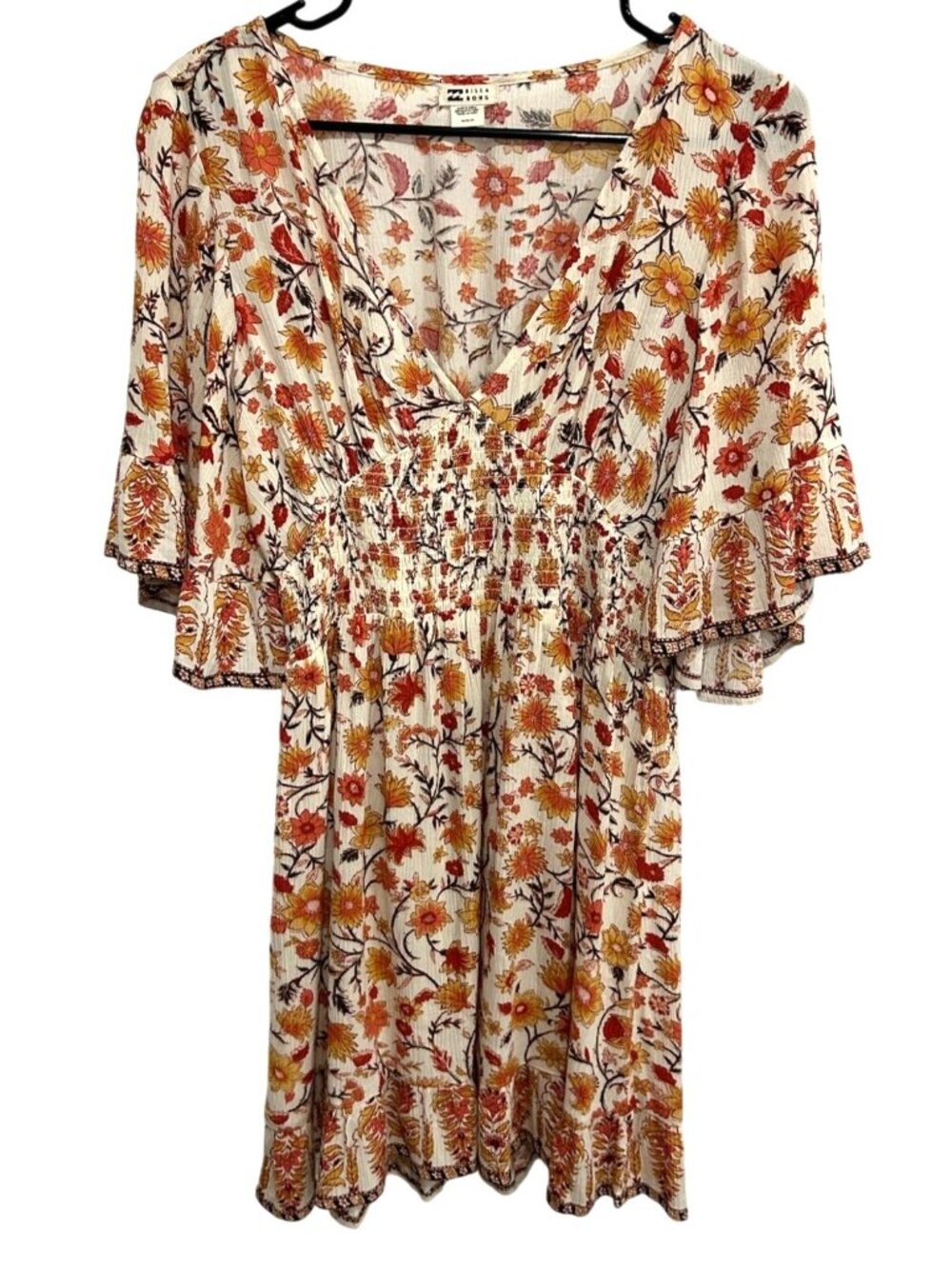 Billabong Medium Floral Smocked Waist Flutter Sleeve Mini Dress Boho Cottagecore